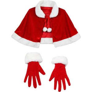 Christmas Cape with Gloves 2 Pcs Mrs Claus Costume Red Velvet Shawl Gloves Mrs Santa Claus Costume Adult for Christmas Party