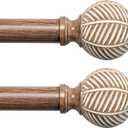 Wood Curtain Rods for Windows: 1 Inch Diameter Adjustable Drapery Rods 72" to 144", 2 Pack Heavy Duty Window Rod with Imitation Wood Grain Leaf Pattern Finials