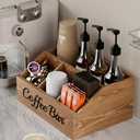 Coffee Station Organizer for Countertop – Wooden Coffee Bar Organizer with Adjustable Dividers,Holds K Cup Pod & syrup bottles, for Kitchen, Office, or Bar and Tea Station, Brown