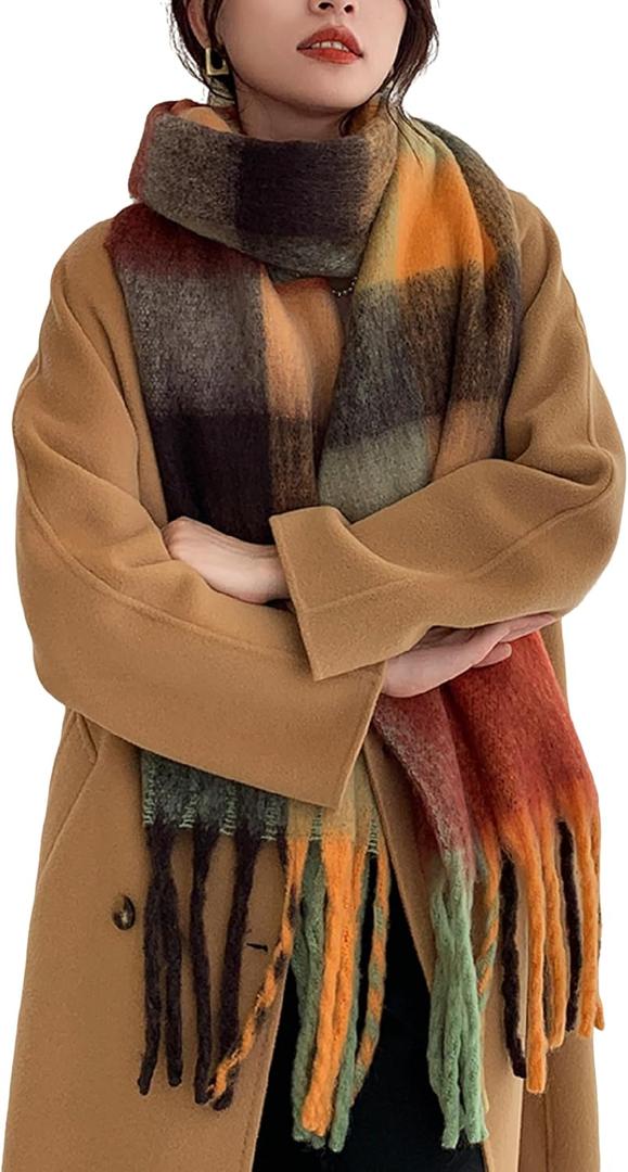 Wander Agio Winter Women Warm Scarf Long Shawl Large Scarves Cold Weather Thick Blanket Scarf Colorful Plaid (Orange Grey Black 35)