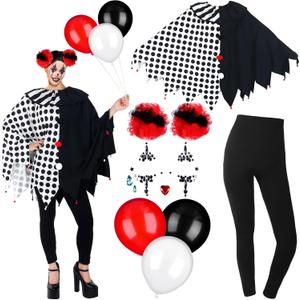 8 Pcs Women's Scary Poncho Clown Costume Set Includes Poncho Costume, Clown Wig, Stickers for Women Halloween Accessories
