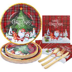 Christmas Plates and Napkins-Christmas Paper Plates Disposable Party Dinnerware Set Serves 24 Guests,Christmas Party Plates Set for Winter Holiday Decorations-Buffalo Plaid Party Supplies (Chrismas)