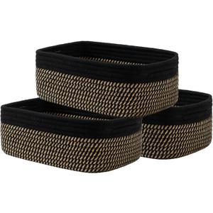 Small Woven Basket, 12 x 8 x 4.5 Inches, Storage Basket for Organizing, Cute Small Rope Shelf Closet Cube Storage Bins Baskets for Shelves, Dog Toy Gift Baskets Empty, 3 Pack Black & Brown