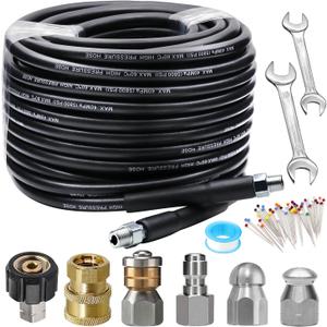 WEST BAY Sewer Jetter Kit 100 FT for Pressure Washer, 5800PSI Drain Cleaner Hose 1/4 Inch NPT Corner Rotating and Button Nose Sewer Jetting Nozzle Spanner Watertight Tape Pearl Corsage Pin (100 Feet, Black)