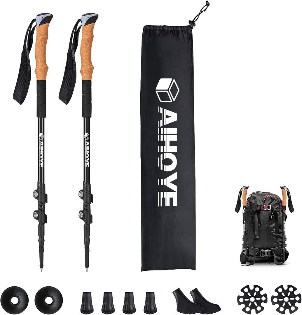 Aihoye Trekking Hiking Poles - 2 Pack Adjustable Walking Sticks, Collapsible Lightweight Aluminum 7075, Hiking Sticks with Quick Flip-Lock and Comfortable Cork Grips (Black)