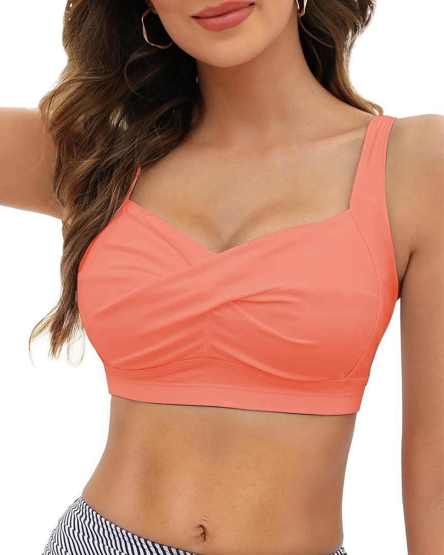 Women's Twist Front Bikini Top Large Bust Sporty Padded Swimsuit Bathing Suit Tops Only (Pink, L)