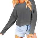 Women's Long Sleeve Round Neck Cropped Sweatshirts Cute Loose Fit Pullover Tops (Gray, S)