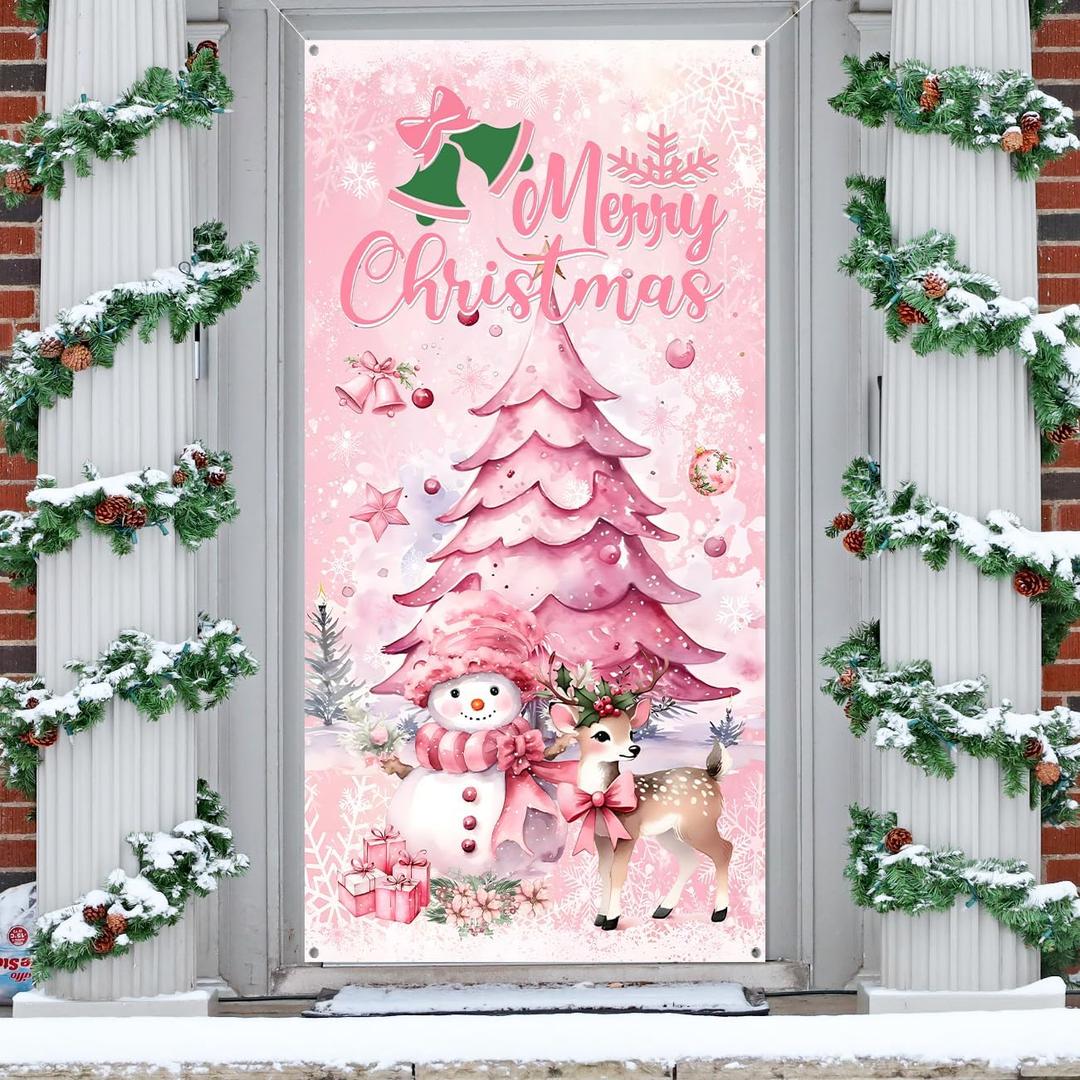 Pink Christmas Decoration Snowman Christmas Door Cover Deer X-mas Front Door Banner Decorations for Indoor Outdoor Holiday Party Supplies Banner