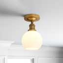Industrial Globe Semi Flush Mount Pendant Ceiling Light with White Glass Lampshade, Vintage Close to Ceiling Light Fixture for Porch, Hallway, Entryway, Kitchen, Bedroom, Hotel (Brass)