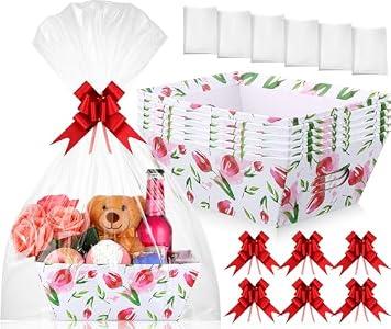 Skyygemm 6 Pcs 9.8 x 6.5Inch Mother's Day Basket for Gifts Empty with Cellophane Basket Bags and Ribbons Bows to Fill Sturdy Empty Gift Baskets with Flower Patterns for Mother's Day(Tulip)