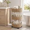 AceOrbit 3-Tier Scalloped Seagrass Wicker Rolling Storage Cart | Freestanding Rattan Rolling Basket Cart, Farmhouse Storage Shelf for Bedroom Bathroom Laundry Livingroom Home Decor