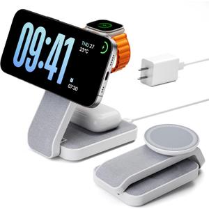 3 in 1 Foldable Wireless Travel Charging Station for MagSafe, Nightstand Magnetic Charger Stand for iPhone 17 16 15 14 Pro Max, Charging Dock with Night Light for Apple Watch/AirPods (White) 