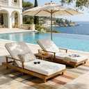 Merax Acacia Wood Outdoor Chaise Lounge Chair, 3-Position Adjustable Backrest & 4\" Thick 3-Fold Removable Cushion, 76.8\" L Modern Patio Sun Lounger for Garden Pool Beach Yard, Cream+Teak