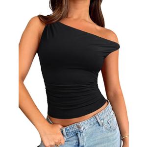 REORIA Women Off Shoulder Tops Sleeveless Shirts Y2K Going Out Slim Fitted Crop Tank Top (Large, Black)