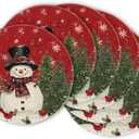 Artoid Mode Snowman Trees Snowflakes Christmas Round Placemats Set of 6, 14 Inch Winter Round Table Mats for Dining Decoration (Red)