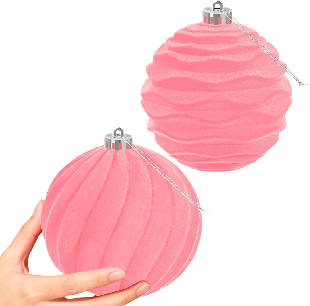 Artmag 2 PCS Large Velvet Christmas Balls Ornaments Shatterproof Hanging Set Flocked for Xmas Tree Holiday Party Decorations (Pink,6 Inch)