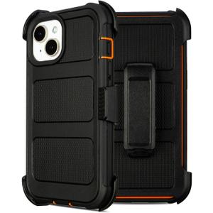 for Defender Phone Case iPhone 13 Case with Belt Clip, for Shockproof iPhone 13 Case Heavy Duty Rugged, 2 Layers of Sturdy for iPhone13 Cases, Military-Grade Cover for iPhone13Case Black & Orange