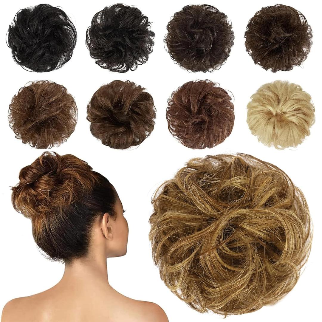 FESHFEN Human Messy Buns - 100% Human Hair Bun Real Scrunchies Hair Pieces Ponytail Extensions Wavy Tousled Updo Chignon Hairpieces for WomenLight Brown Mixed Blonde