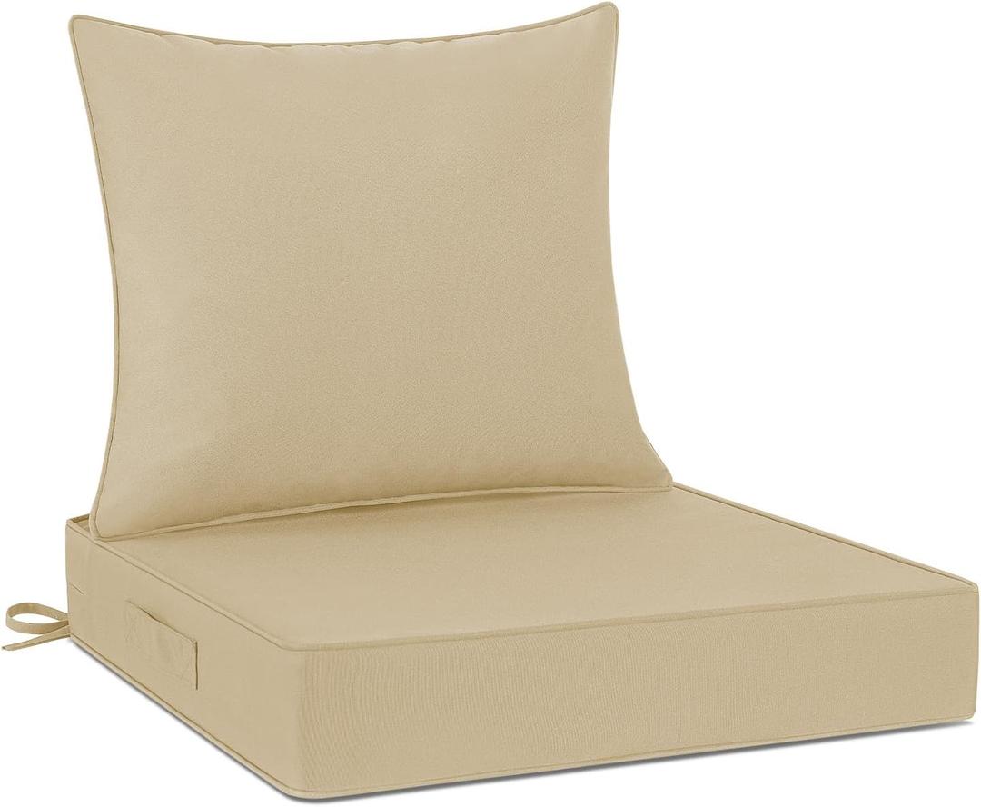 24x24 Outdoor Cushions for Patio Furniture, Washable Deep Seat Patio Cushions with Removable Cover, Waterproof Outdoor Cushions with Non-Slip Ties and Handle, Patio Chair Cushions with Back, Khaki