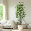 Artificial Ficus Tree Indoor 8ft, Large Potted Faux Tree with Realistic Silk Leaves & Trunk for Home Office, Living Room Corner Decor (White Green)