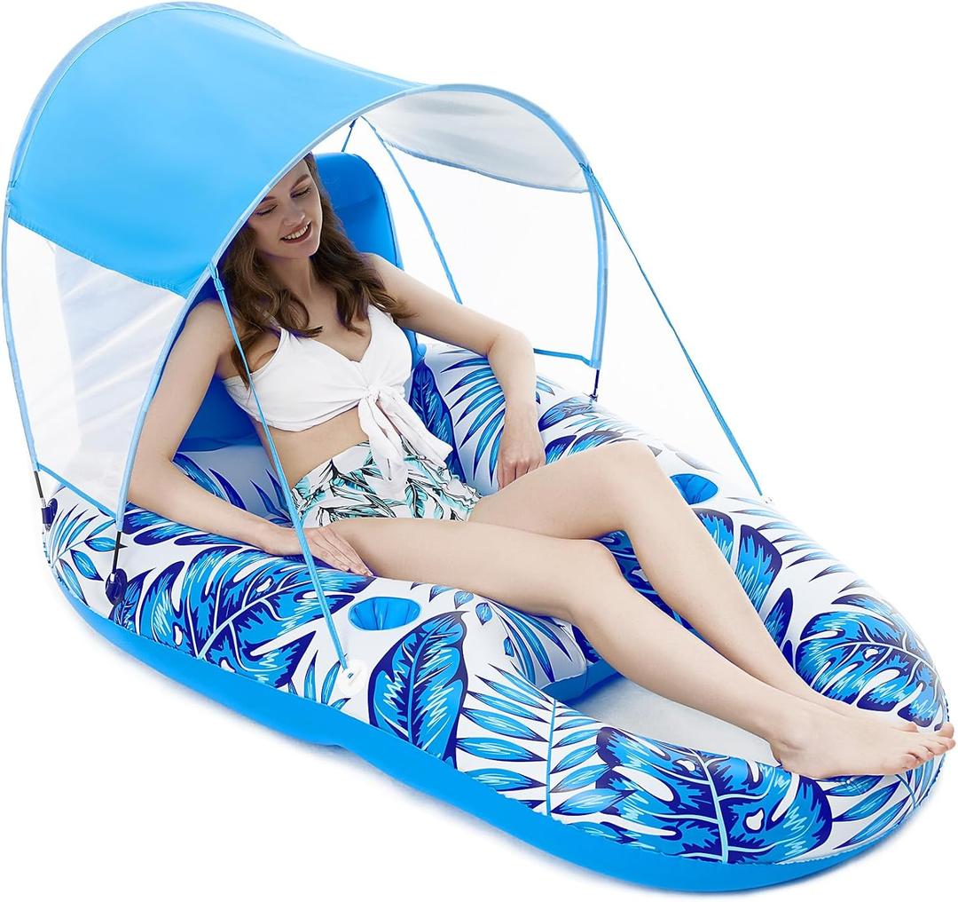 Jasonwell Pool Floats with Canopy - Inflatable Pool Float Adult Lounger Floaties Raft Floating Chair for Swimming Pool Lake Water Lounge Float with Cup Holders Beach Pool Party Toys for Adults (X-Large, blue)