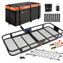 Hitch Mount Cargo Carrier Basket 60"*25"*6"+Waterproof Bag 25 Cubic Feet(60"*24"*31"),and Cargo Net with Attachment Hooks,Ratchet Straps,Hitch Stabilizer.500 Lbs Capacity,Foldable,fit 2" Receiver(heavy metal frame of the basket is bent and the mesh i