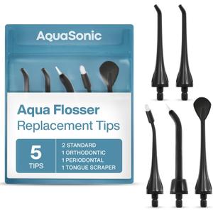 AquaSonic Aqua Flosser Replacement Tips - 5 Tips, 4 Types: Standard, Periodontal, Orthodontic & Tongue Scraper - Genuine, Authentic Parts (Black)