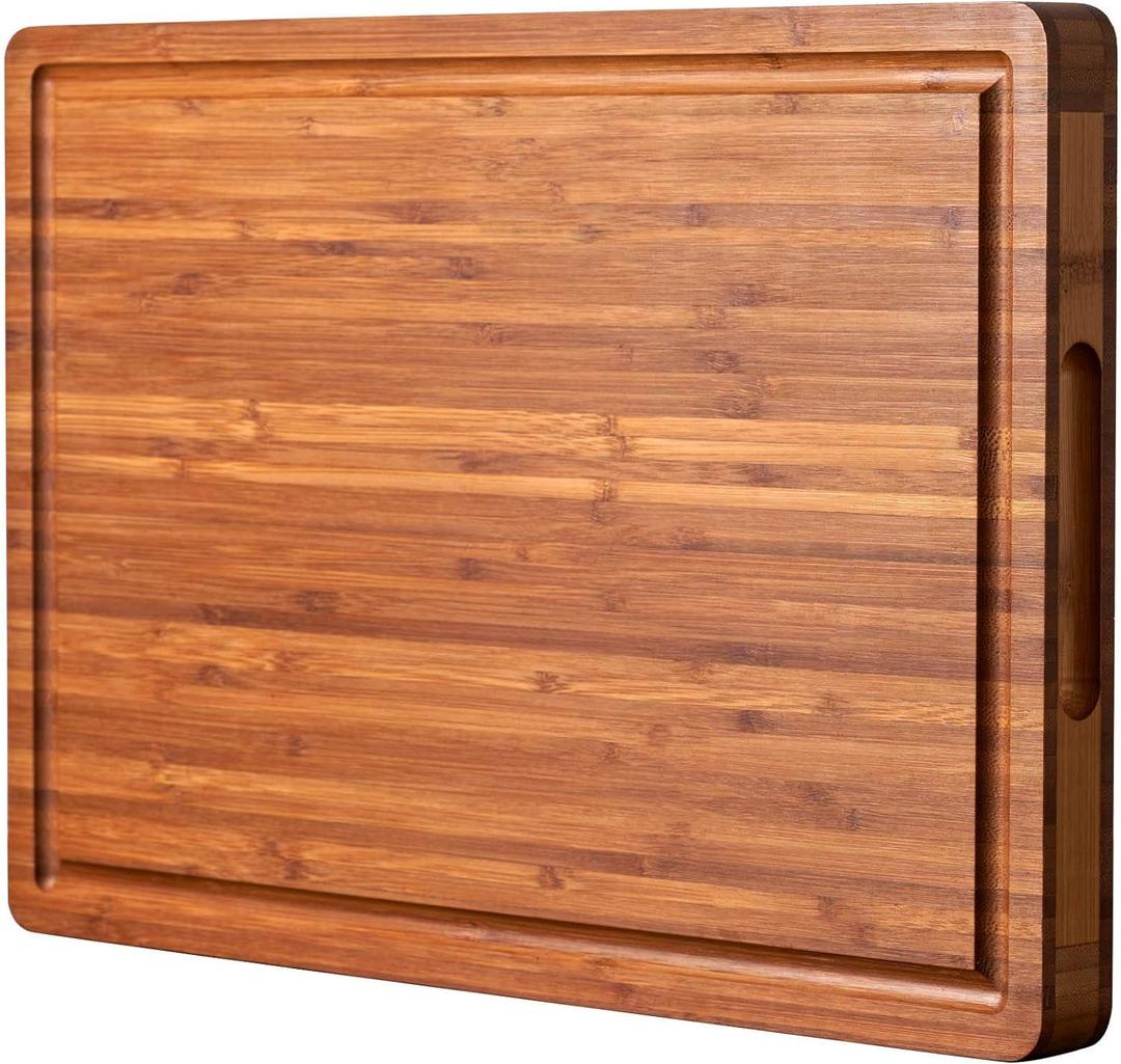 XL Cutting Board for Kitchen, 20x15" Extra Large, 1" Thick Bamboo Wood Butcher Chopping Block, Cheese Board, Durable Reversible with Juice Grooves and Handles (Brown)