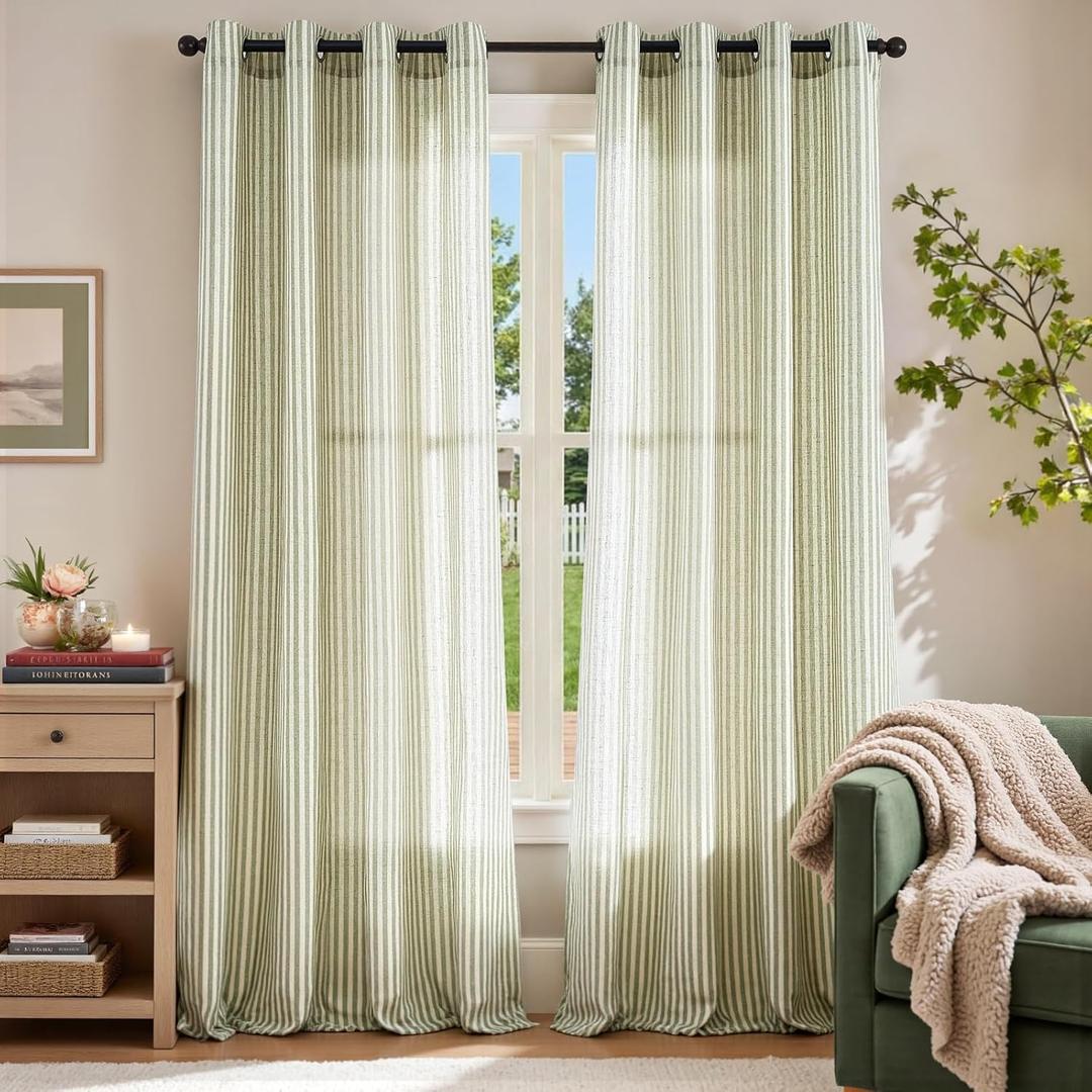 jinchan Linen Curtains for Living Room Green on Beige Striped Curtains for Bedroom Ticking Stripe Pattern Light Filtering Farmhouse Cottage Core Rustic Grommet Window Treatment 2 Panels 96 inches