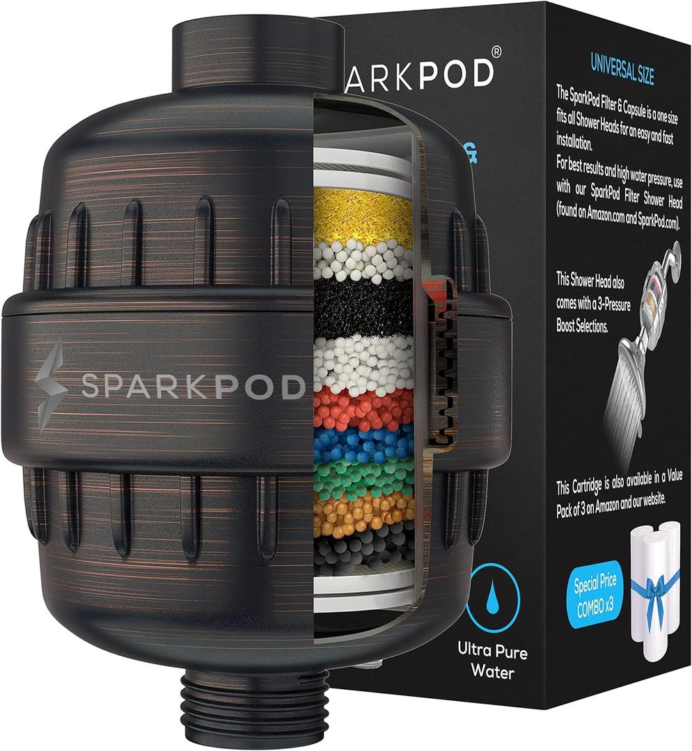SparkPod High Output Shower Filter Capsule - Suitable for People with Sensitive and Dry Skin and Scalp, Filters Chlorine and Impurities | 1-min Install (Oil-Rubbed Bronze)