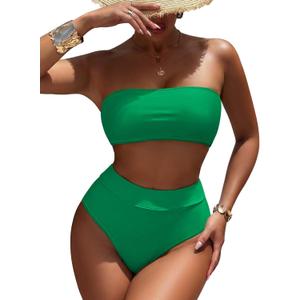 Pink Queen Women's High Waist Bikini Set Removable Strap Bandeau Two Piece Swimsuit Bathing Suit (Green, M)