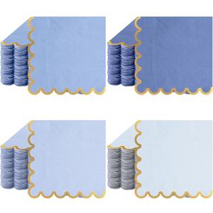 100 Pack Scalloped Cocktail Napkins with Gold Foil Accents Beverage Napkins Scalloped Disposable Paper for Wedding Shower Baby Dinner Birthday Party Supplies 5 x 5''(Blue)