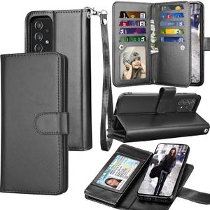 Galaxy A52 Case, Galaxy A52S 5G Wallet Case, Tekcoo Luxury PU Leather Cash Credit Card Slots Holder Carrying Folio Flip Cover [Detachable Magnetic Hard Case] Kickstand for Samsung A52 A52S [Black]