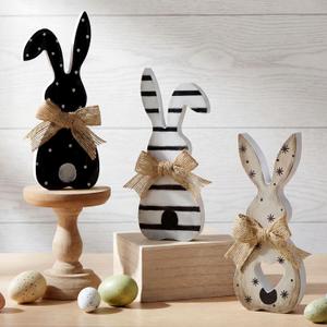 Beeveer 3 Pcs Easter Bunny Table Decorations for Home Indoor Spring Bunny Table Tiered Tray Decoration Wooden Farmhouse Easter Decor for Spring Home Party Tabletop Decor(Stripe,Black and White)