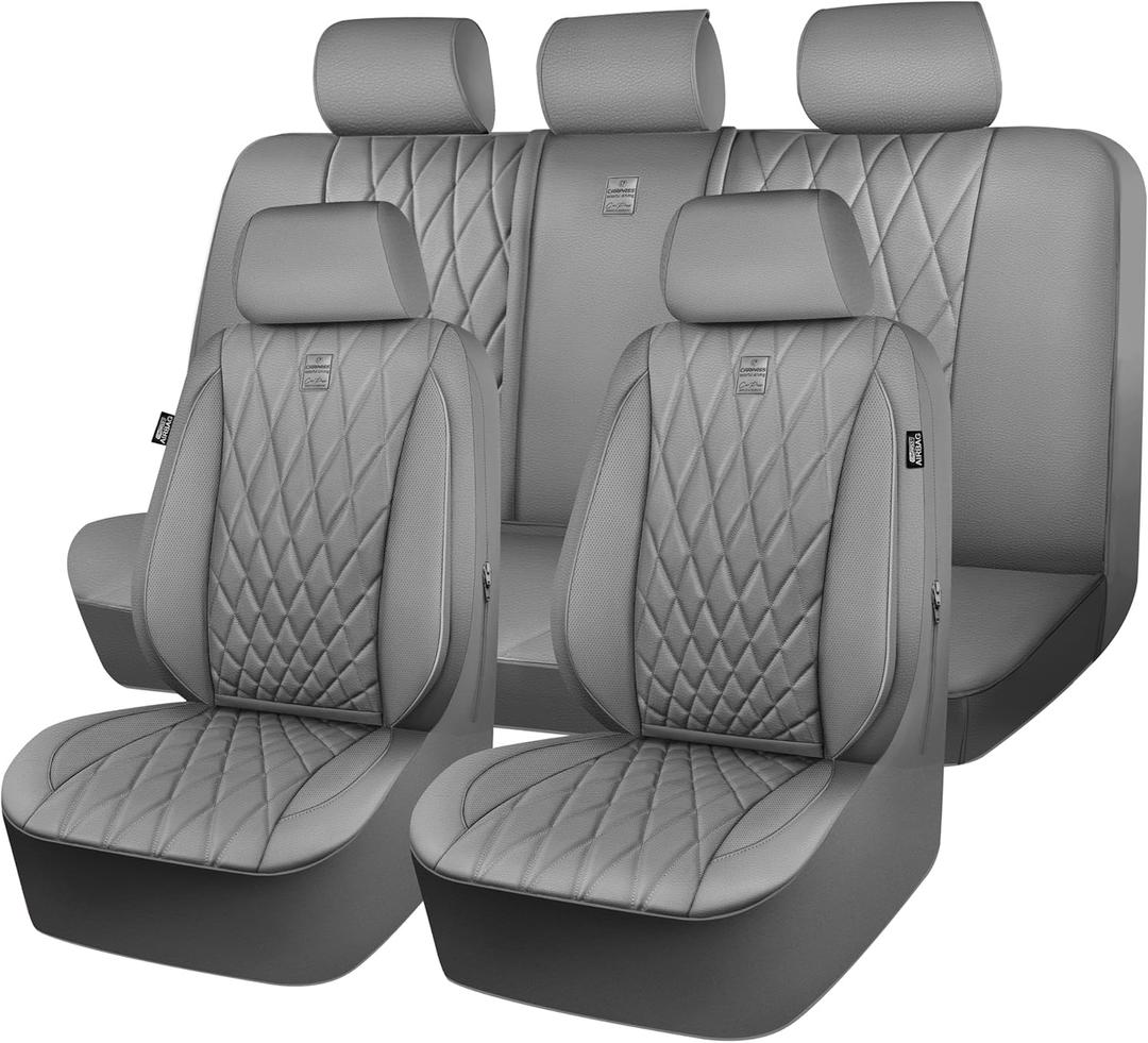 CAR PASS Piping Luxury Leather Seat Covers Full Set,5 Seats Anti-Slip Waterproof Seat Covers Compatible with Front Armrests,Universal Fit for Sendans, Suvs,Vans,Trucks,Airbag Compatible,Pure Gray