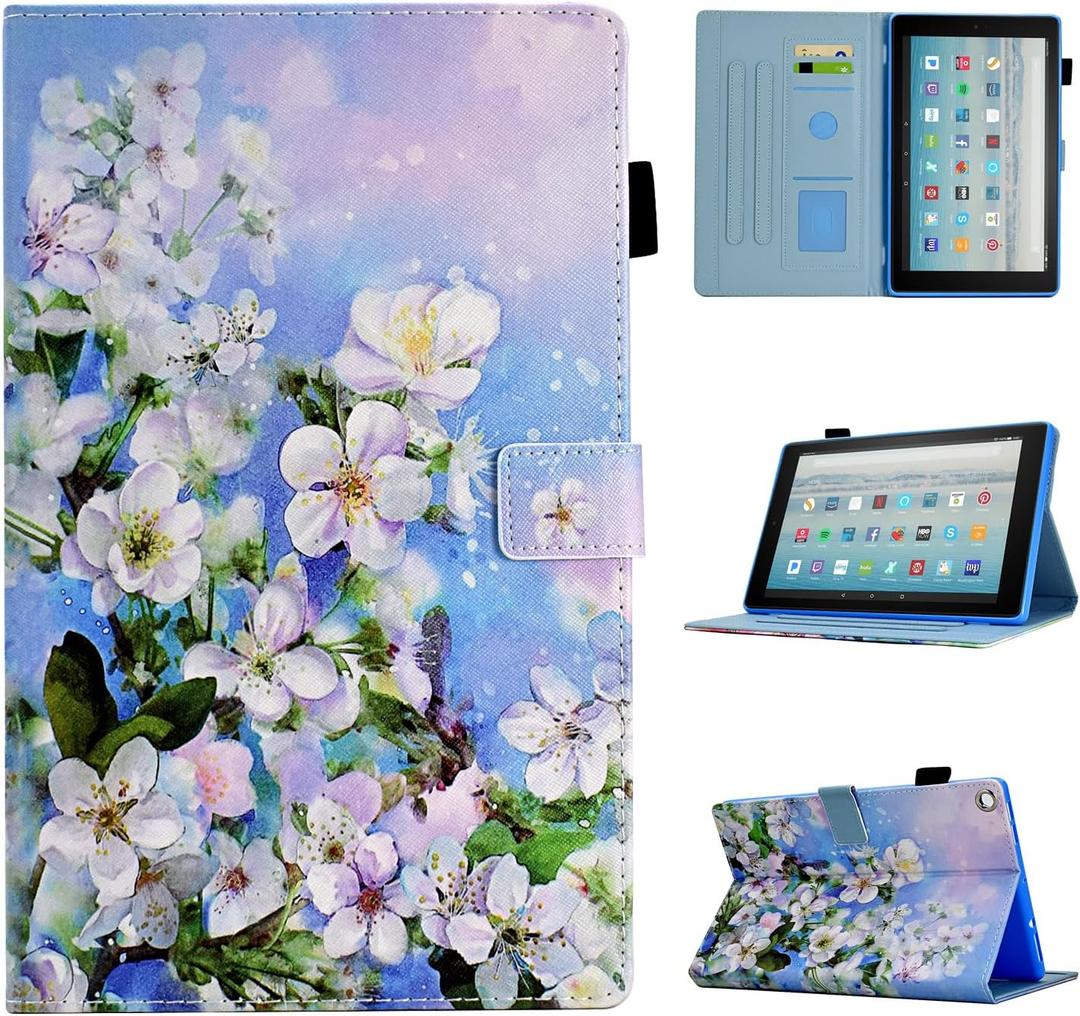 Case for Fire HD 10 Tablet (9th/7th/5th Generation, 2019/2017/2015 Release), PU Leather Folio Stand Cover Case for Fire HD 10 9th Generation/7th Generation, Auto Sleep Wake - White Flowers