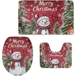 HUGS IDEA Merry Christmas Snowman Non Slip Toilet Seat Cover+ Bath Mat+ Lid Covers Home Decorative 3 Piece Bathroom Rug Sets