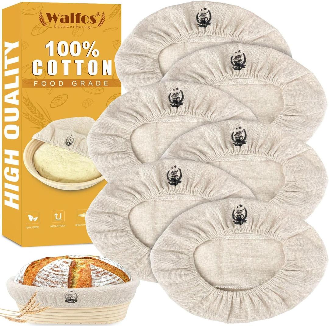 Walfos 6 Pieces 10 Inch Oval Bread Proofing Basket Cloth,Rattan Baking Dough Basket Cover Liner, Sourdough Banneton Proofing Cloth, Fermentation Basket Linen Liner for Baking Supplies