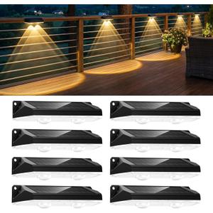 Brightown 8 Pack Solar-Fence-Lights-Outdoor, IP65 Waterproof Warm White & RGB 11 Color Solar Deck Step Flood Lights, Solar Patio Lights for Outside Backyard Yard Home Improvement Wall Railing