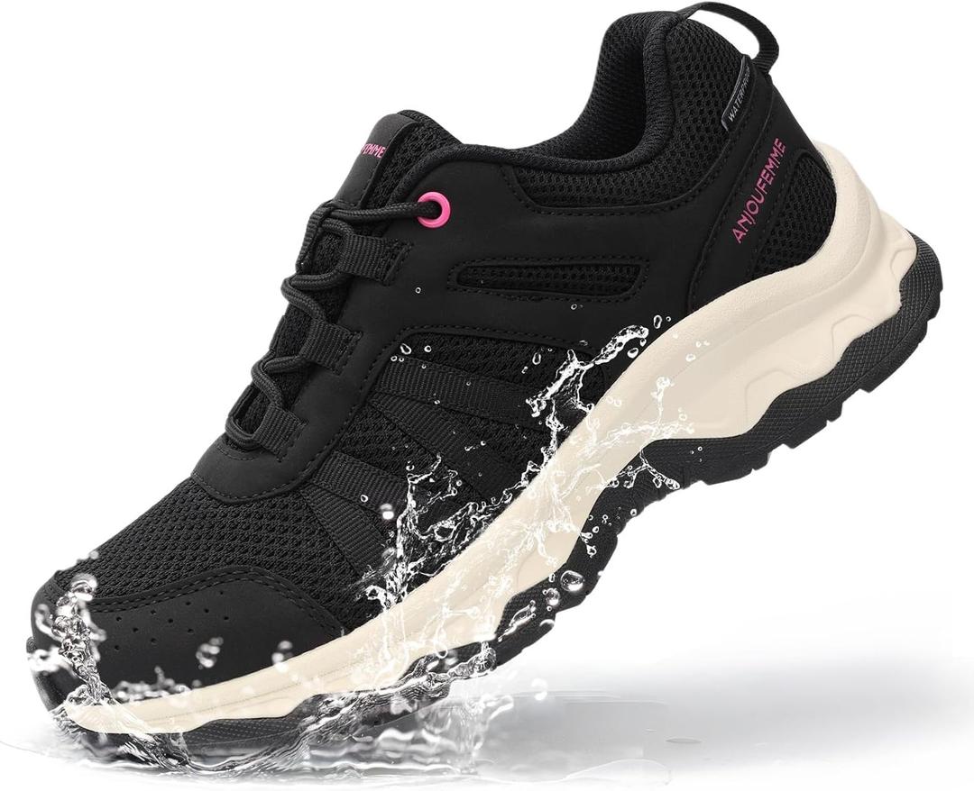 ANJOUFEMME Women's Waterproof Hiking Shoes Non Slip Sneakers Lightweight Tennis Shoes for Work Walking Running Trekking Trail Shoes (8, Black)