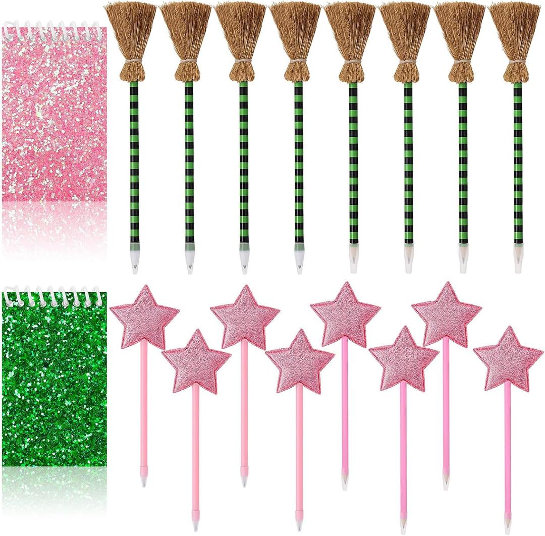 18Pcs Princess and Witch Party Favors with Star Ballpoint Star Pencil Witch Broom Ballpoints Broom Pencils Glitter Mini Spiral Notepads for Party Supplies Decorations
