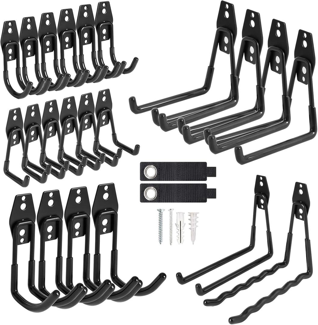 24 Packs Garage Storage Hooks, Heavy Duty Garage Hooks with Nylon Straps, Wall Mount Tool Organizer Hooks for Ladders, Bikes, Tools, Hoses, Suitable for Concrete, Brick, Wooden, Plaster Walls