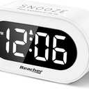 REACHER Small LED Digital Alarm Clock with Snooze, Simple to Operate, Full Range Brightness Dimmer, Adjustable Alarm Volume, Outlet Powered Compact Clock for Bedrooms, Bedside, Desk, Shelf(White)