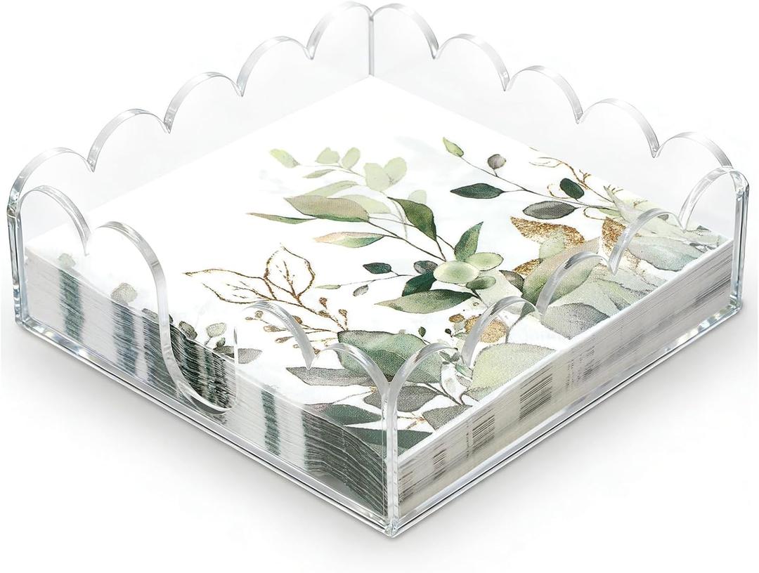 Thick Acrylic Napkin Holder for Table, Guest Disposable Hand Towel Holder Scalloped Tray for Paper Napkins, Clear Paper Towel Holders for Bathroom, Cocktail, Kitchen, Party (6.9×6.9×2.45 in)