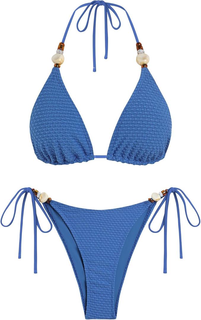 ZAFUL Women's Bikini Sets Beads Triangle Swimsuits 2 Piece String High Cut Cheeky Bathing Suits, S