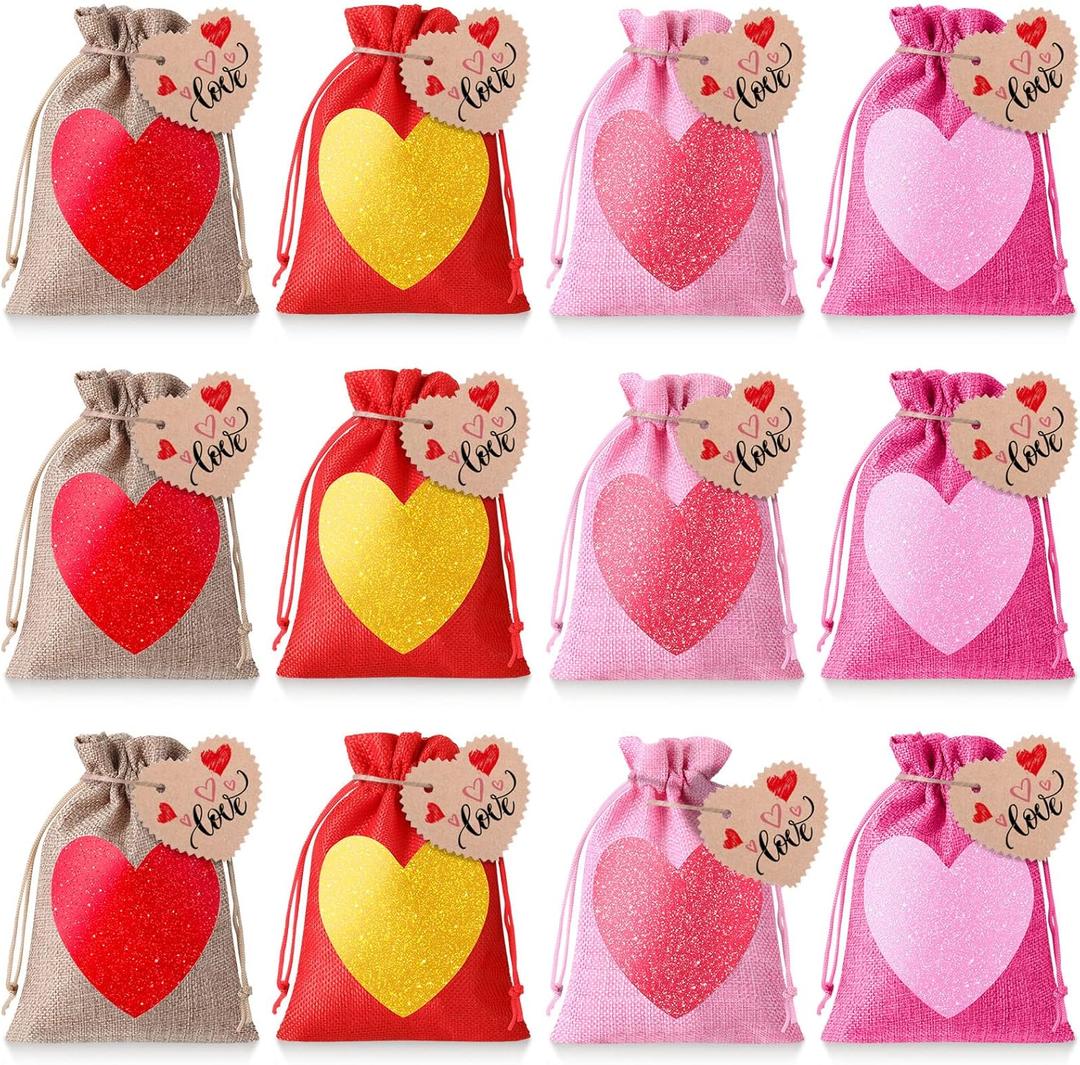 Shappy 24 Pieces Valentine's Day Burlap Bags Heart Burlap Drawstring Gift Bags with Kraft Paper Tags Love Treat Goody Bag for Valentines Candy DIY Craft Wedding Party(Love Heart)