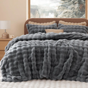 Bedsure Luxurious Faux Fur Duvet Cover Queen Size Set - Ultra Soft & Fluffy & Cozy & Warm - Elegant Shaggy Bubble Design Bedding with Duvet Cover and Pillow Shams, Grey