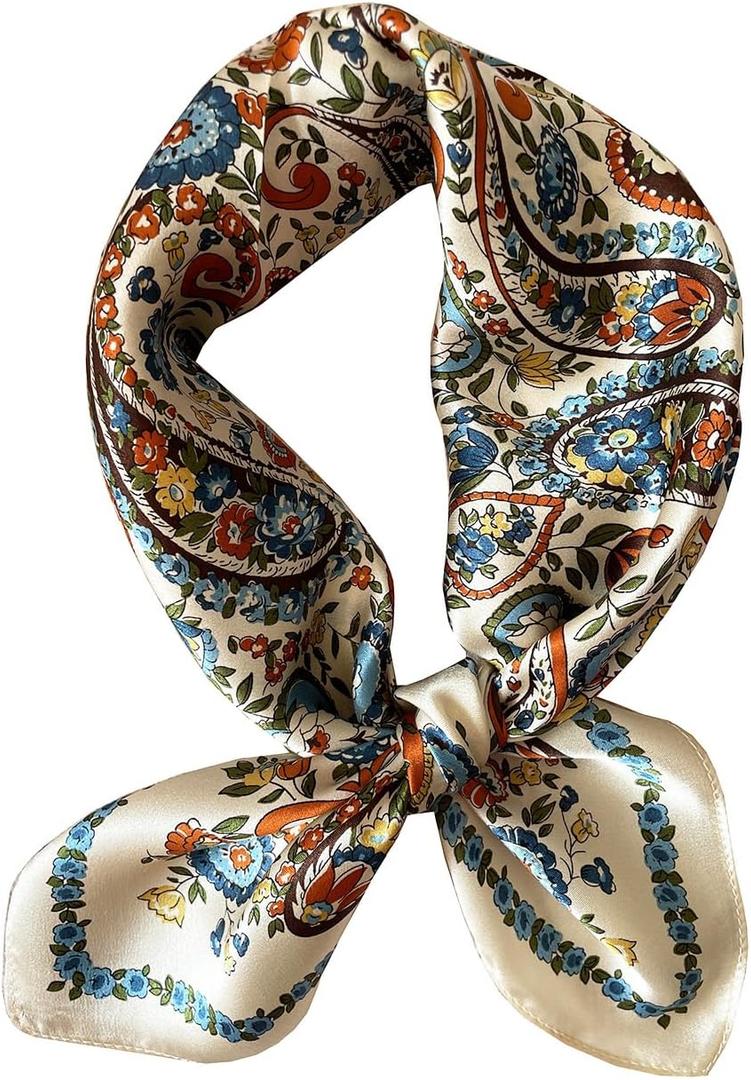 JERLA 100% Mulberry Silk Neck Scarf 21"x21" Small Square Scarfs for Women Gift Packed (Blue and Cream White Flower)