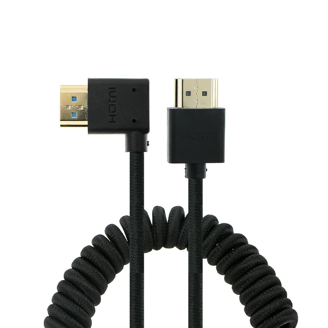Uonecn High Speed 8K HDMI to HDMI 2.1 Cable for Atomos Ninja V, Retractable Coiled Braided Short HDMI Cord for Feelworld Monitor, for Sony A7iv, Z CAM E2, for Sony FS5| FS7| A7S3 Cameras (04- Straight to Left, Black)