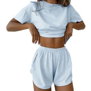 Ciaotin Women 2 Piece Pajama Sets Cute Stripe Short Sleeve Tee Top and Split Shorts Lounge Set Sleepwear Pjs Home Loungewear Blue (Blue, S)